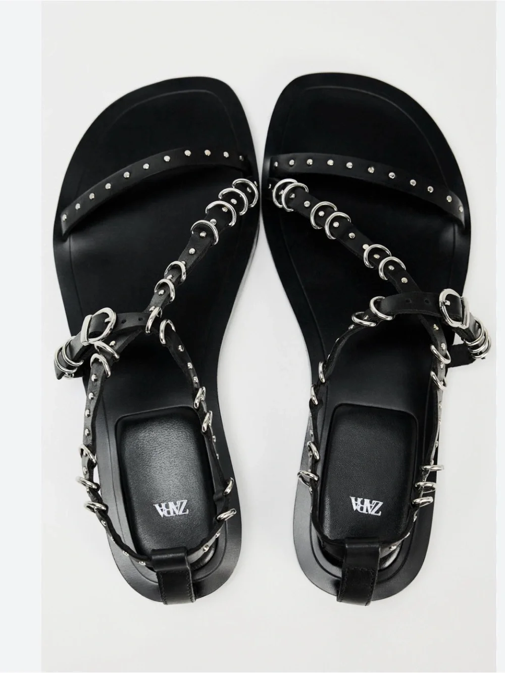 ZARA Black Leather Ring-Detail Stud Yassi Sandals, SZ 38